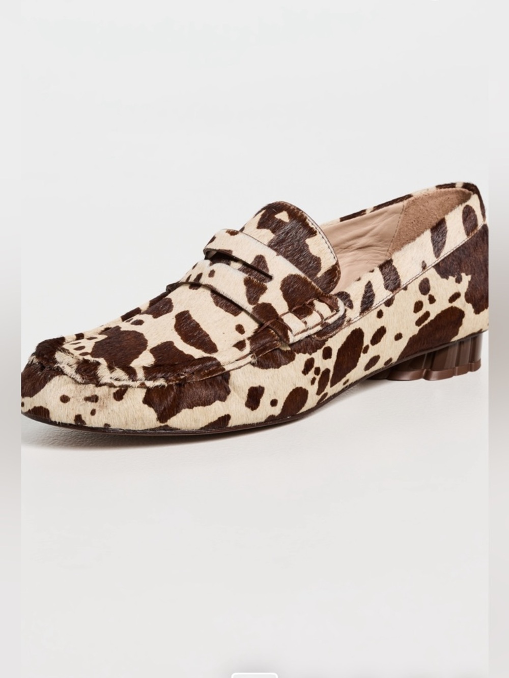 FARM Rio Monstera Heel Cow-Print Penny Loafers in Brown & Cream, NIB, Various - Picture 2 of 16